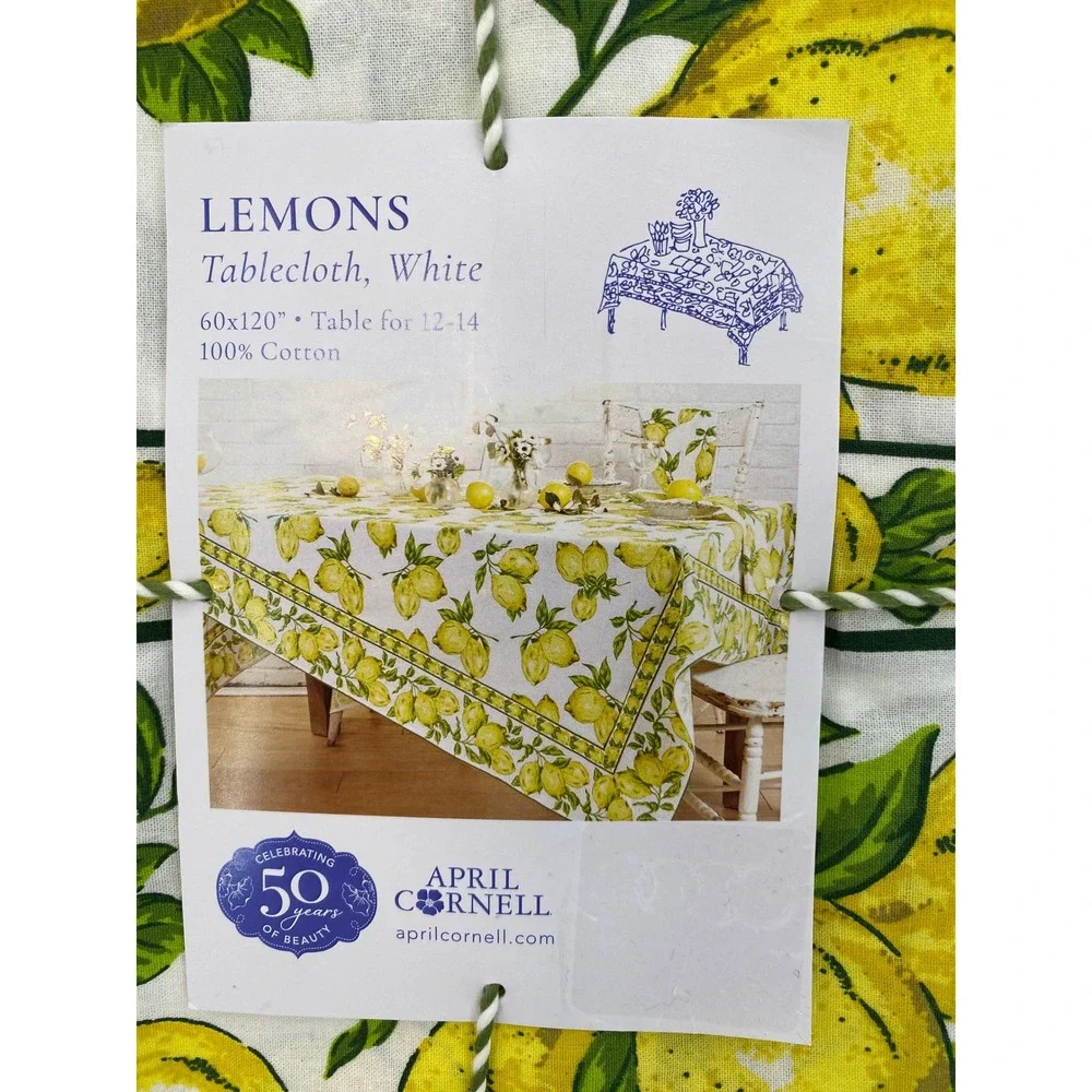 April Cornell Tablecloth 60x120 Lemons White Yellow Cotton Fruit Print Summer